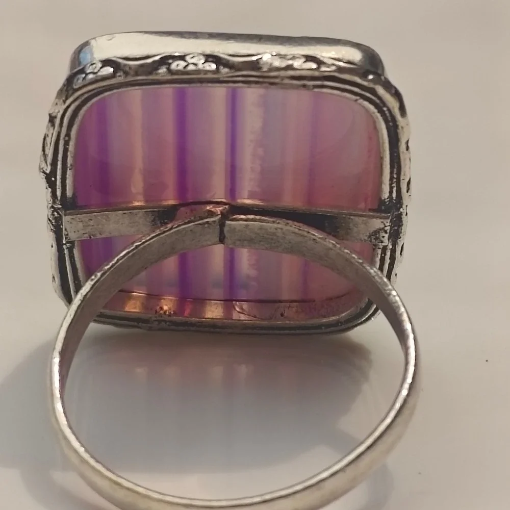 Sterling Silver 925 Purple Banded  Lace Agate Square Statement Ring Size 10.5